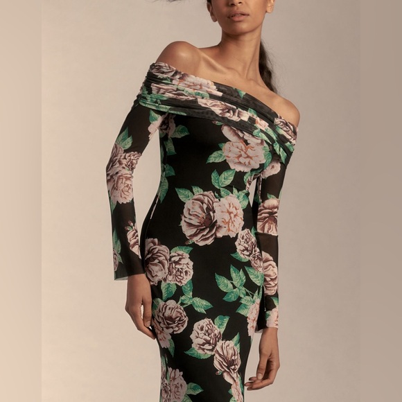 WITH TAGS AFRM LONG SLEEVE OFF THE SHOULDER MESH MAXI DRESS in BLK MOTIF sz S - Picture 3 of 11